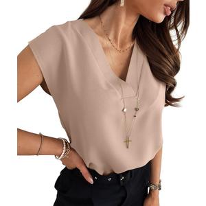 Lynwitkui Women's V Neck Chiffon Blouses Cap Sleeve Shirts Casual Loose Work Office Solid Tops (Khaki,Medium)