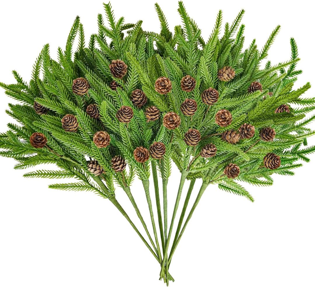 8PCS Christmas Norfolk Pine Stems, Real Touch 18 Inches Artificial Norfolk Pine Branches with Pinecones Faux Plastic DIY Greenery Pine Picks for Xmas Home Garland Indoor Outdoor Dcor