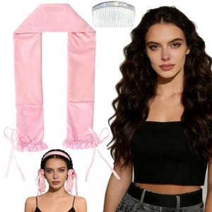 Sleepie tie, Heatless Curling Scrunchie Overnight Blowout, Sleep Hair Tie, Heatless Hair Curler Damage-Free, for Sleeping Soft Rollers for Overnight No-Heat Curls Long Hair To Sleep(Pink)
