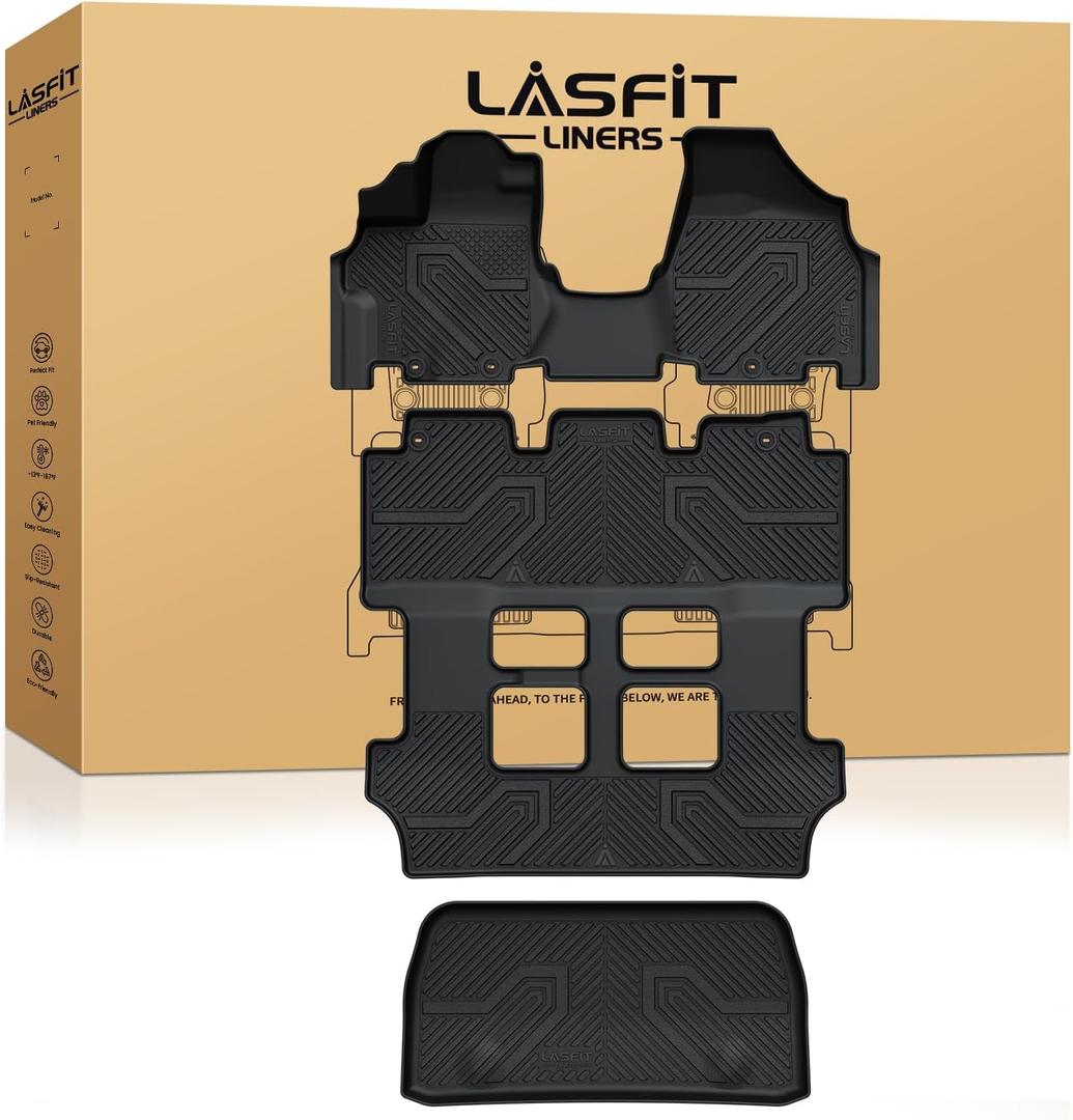 LASFIT Floor Mats & Trunk Mat for Honda Odyssey 2011-2017 (Fit 7& 8 Seaters), All Weather TPE Custom Fit Car Floor Liners, 1st & 2nd & 3rd Row & Cargo Mat, Black (EX-L/EX/Touring/Touring Elite/SE/LX)