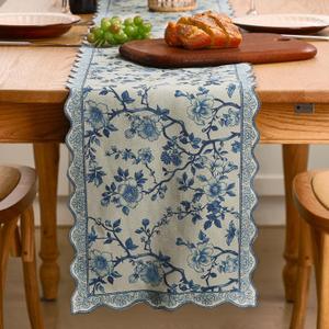 HunnmingRe Chinoiserie Table Runner Blue and White Floral Table Runner Vintage Chinoiserie Decor Spring Decorative Dinner Tablecloth for Home Dining Kitchen Seasonal Party Decor, 12x71 Inch