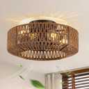Boho Fandelier Ceiling Fan with Light Flush Mount, Woven Rattan Ceiling Fans with Lights and Remote Control,Low Profile Farmhouse Ceiling Fan for Bedroom,Living Room,Kitchen,Foyer (6 Speeds,Timing)