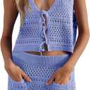 Saodimallsu Womens Crochet Swim Cover Up 2 Piece V Neck Sleeveless Front Tie Crop Tops Beach Mini Skirt Coverup Set