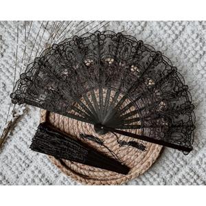 Victorian-Inspired Cotton Lace Wedding Folding Handheld Fan Vintage Embroidered Bridal Hand Fan for Prom, Cosplay, Tea Party, Costume Party, Dance, Gala, Photo Prop for Shooting (Black)