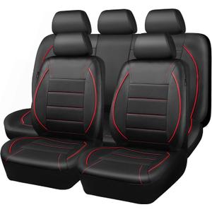 CAR PASS Universal FIT Piping Leather Car Seat Cover, for SUVs, Van, Trucks, Airbag Compatible ,Inside Zipper Design and Reserved Opening Holes (Full Set, Black and Red)