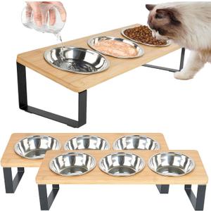 2 Set Elevated Cat Food Water Bowls, 6 Stainless Steel Bowls, 15 Tilted Raised Cat Bowl Set, for Indoor Cats for Small Cats and Puppies Pet Bowls with Stand