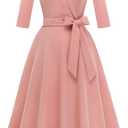 Meetjen Women's V-Neck Formal Dresses 3/4 Sleeve Modest Church Fit and Flare Cocktail Dress for Wedding Guest, Size S