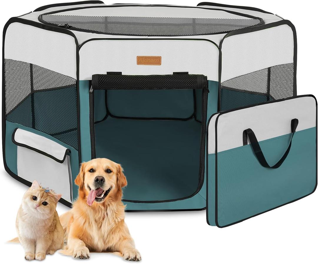 Akinerri Dog Playpen, Foldable Puppy Pet Exercise Kennel with Removable Mesh Shade Cover, Portable Pet Playpen for Pet’s Indoor or Outdoor Training, Blue, XL