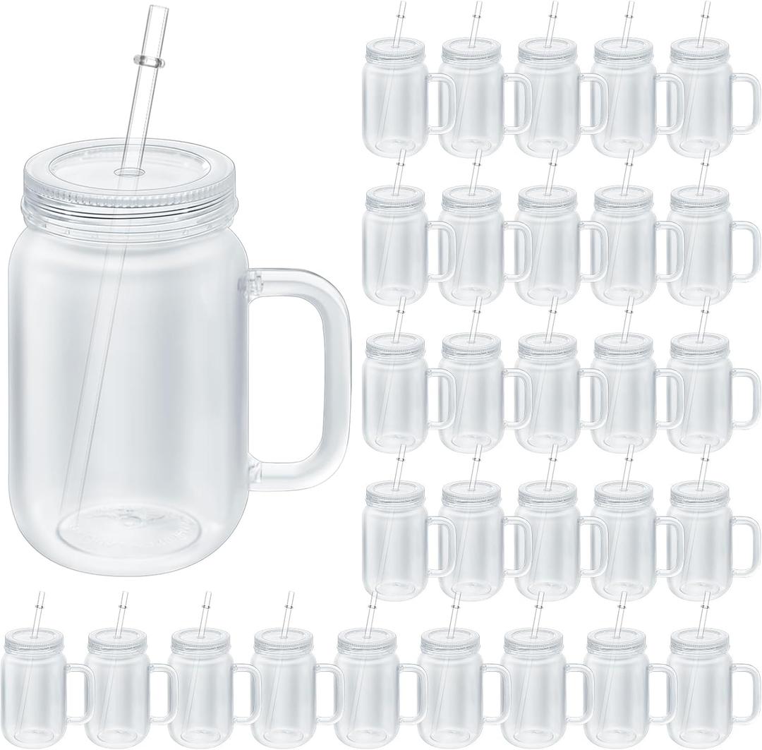 Vesici 30 Pcs 16 oz Clear Plastic Mason Jars Bulk with Handles Wide Mouth Drinking Mug with Lids and Straws Shatterproof Drinking Jars for Coffee Milk Tea and Beverages(Clear)