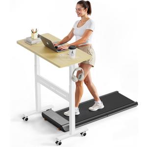 WALKINGDESK Mobile Walking Pad Desk with Wheels, Pneumatic Small Rolling Standing Desk Riser Height Adjustable (28-43.7") for Treadmill, Portable Computer Table for Home Office, Oak, 32x16 in