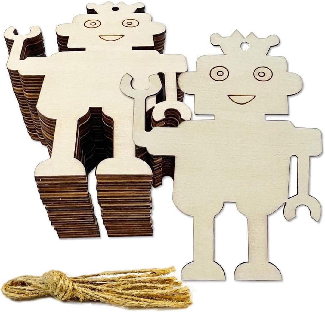 30 Pieces Unfinished Robot Wood DIY Crafts Cutouts Wooden Robot Shaped Hanging Ornaments with Hole Hemp Ropes Gift Tags for Home Party Decoration Craft Project