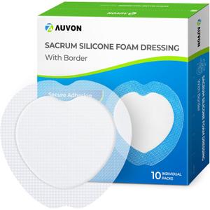 AUVON Sacral Silicone Foam Dressing with Clear Border for Easy Wound Monitoring, Waterproof & Breathable Foam Wound Dressing 7.2"x7.2", Absorbent Bed Sore Bandages, Box of 10 Sacral Pads