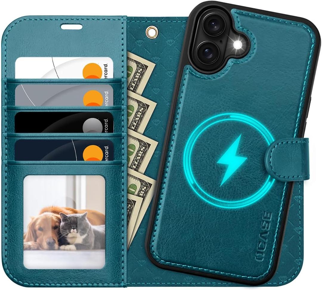 OCASE for iPhone 16 Plus Case Detachable Wallet Case with Card Holder, 2 in 1 Pu Leather Flip Folio with RFID Blocking Stand Wrist Strap Shockproof Phone Cover 6.7 Inch 2024, Peacock Blue