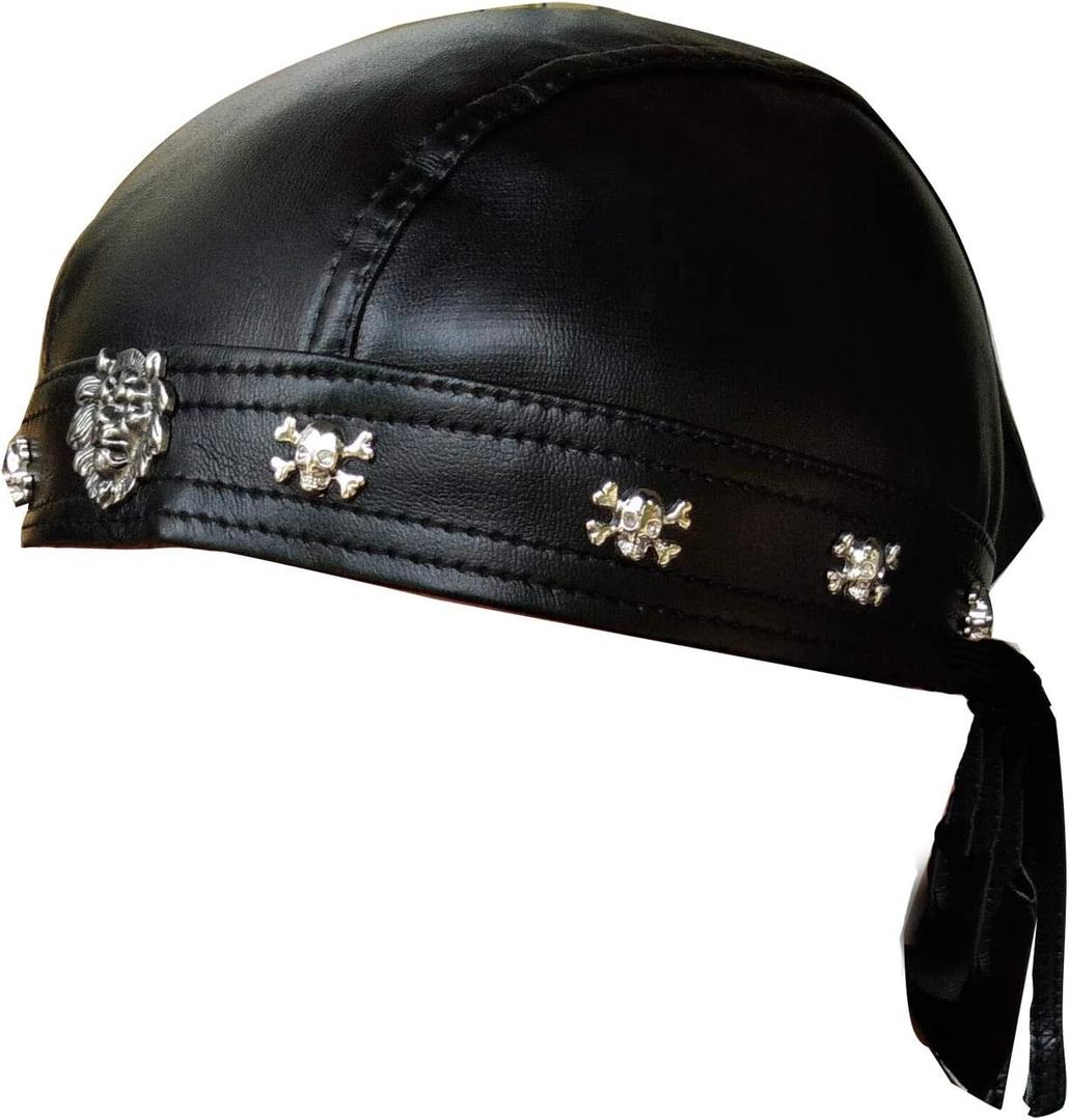 Faux Leather Biker Skull Cap Motorcycle Bandana Head Wrap Du Doo Do Rag Black Hat