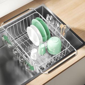 Dish Drying Rack in Sink, Extendable Stainless Steel Dish Drainers for Kitchen Counter, Anti-Rust Dish Dryer Rack with Utensil & Cup Holders, for Inside Sink, Over The Sink (Medium With Cup Holder - 14.9611.025.35 Inches)