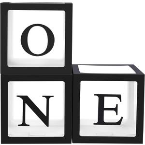 One Boxes for 1st Birthday, 3PCS Balloon Boxes Decorations for Baby Shower or Birthday Party with ONE Letters for Boys and Girls 1 Year Old Party Backdrop Props (Black)