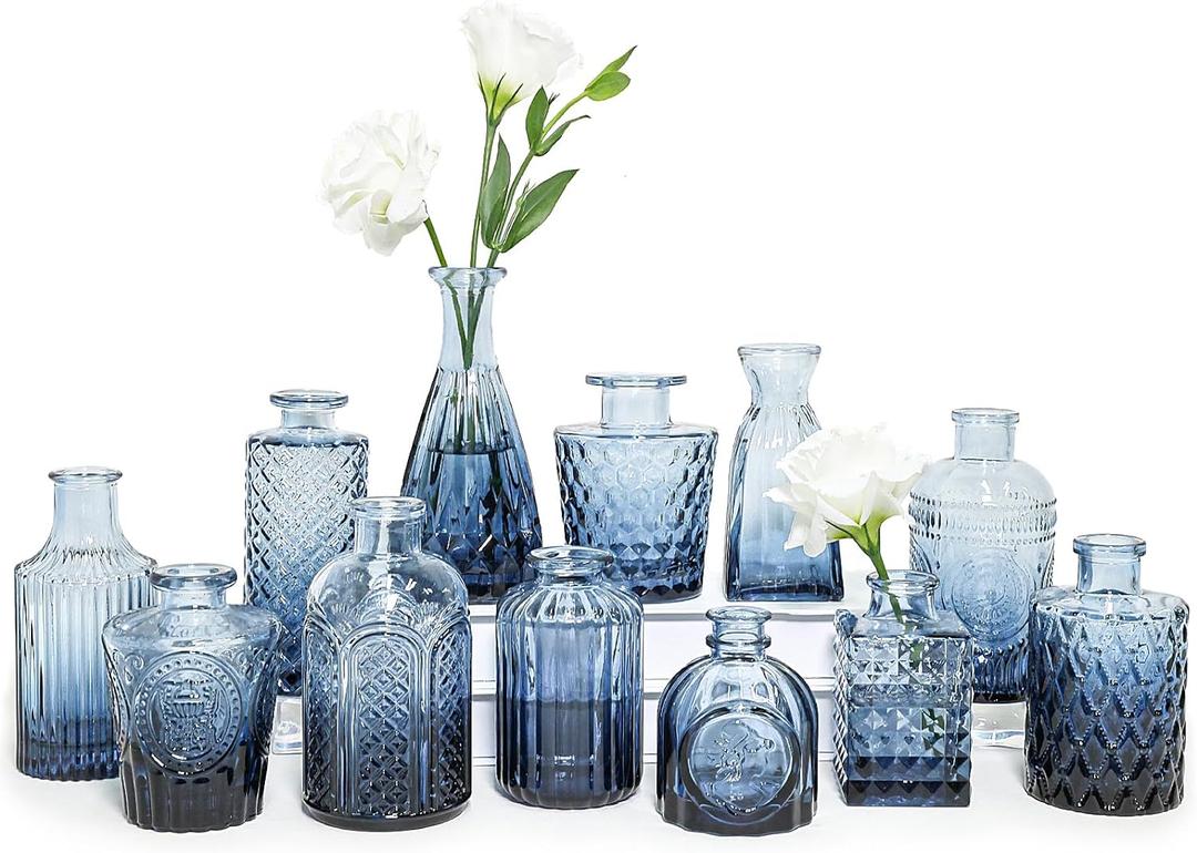 SUPMIND Glass Bud Vase Set of 12, Small Blue Flower Vases for Centerpieces in Bulk, Mini Vintage Vase for Wedding, Home,Table Decoration