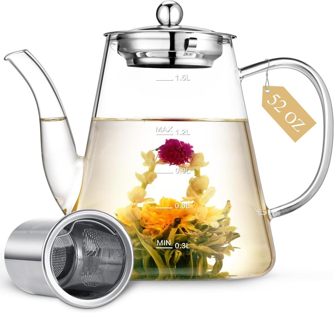 1500ml Glass Teapot, Large Tea Pot with Infuser for Loose Tea and Blooming Tea, Stovetop Safe Tea Kettle, Hand Crafted Borosilicate Glass Tea Maker with Scale Line, Tea Gift Set for Tea Lovers