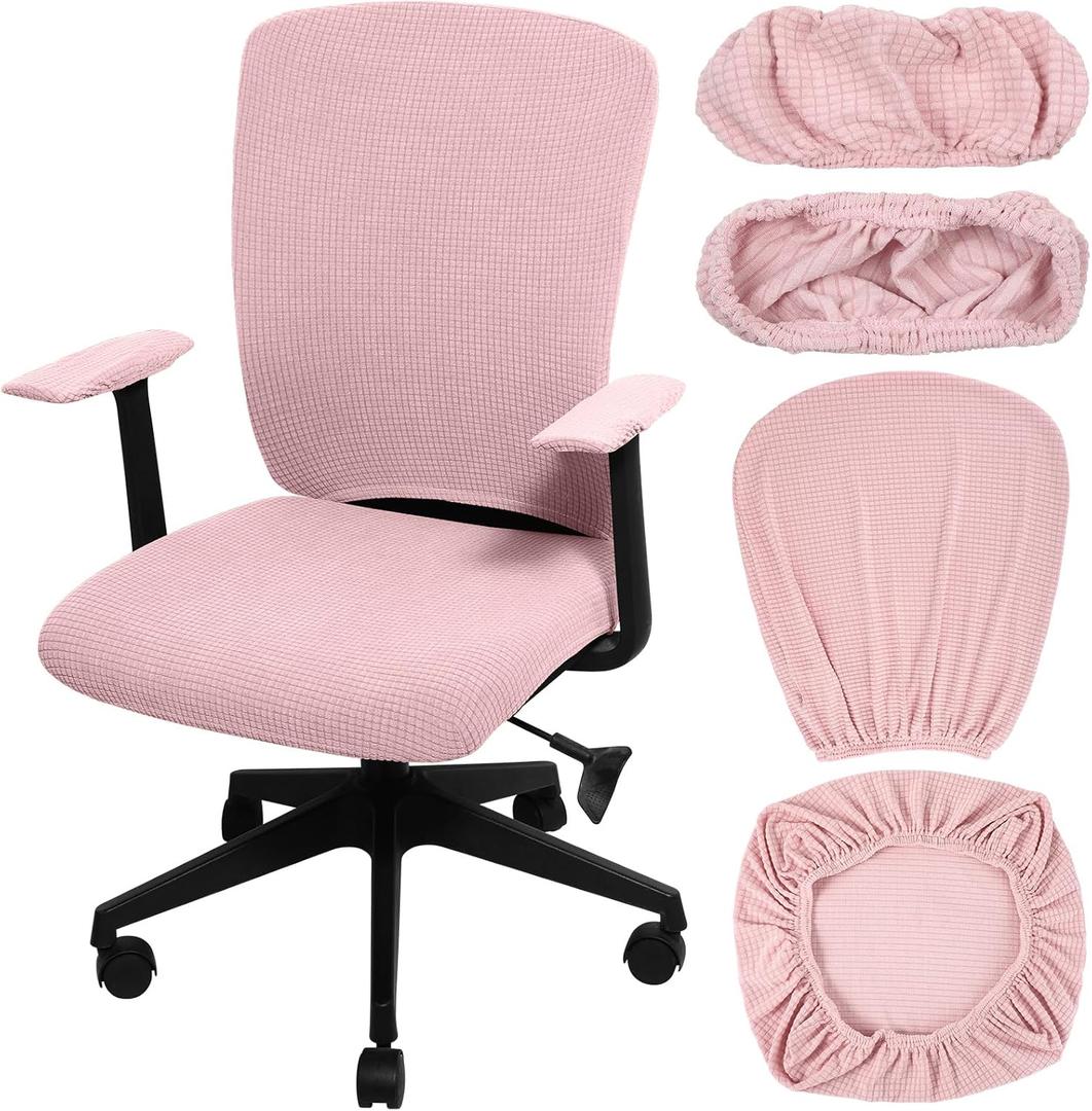 Tallew 4 Pieces Office Chair Covers Set Computer Universal Protective Stretchable Chair Seat Covers Desk Armrest Slipcovers Pads Office Cushion Backrest for Rotating (Polyester,Pale Pink)