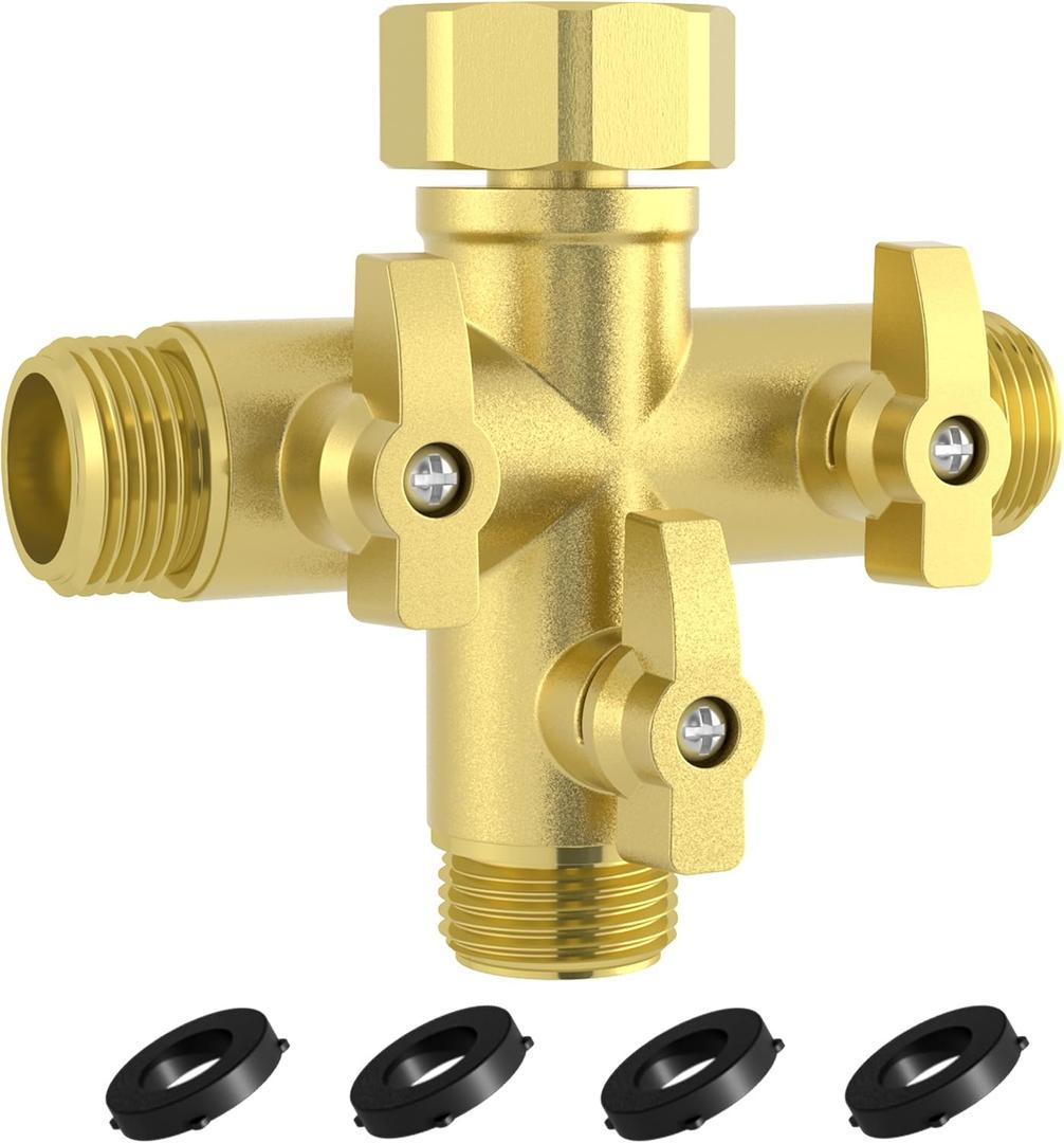 YANWOO Heavy Duty Metal 3 Way + Type Garden Hose Splitter with Shut-Off Valves, 3/4" High Flow Spigot Faucet Connectors with 4 Extra Silicone Washers