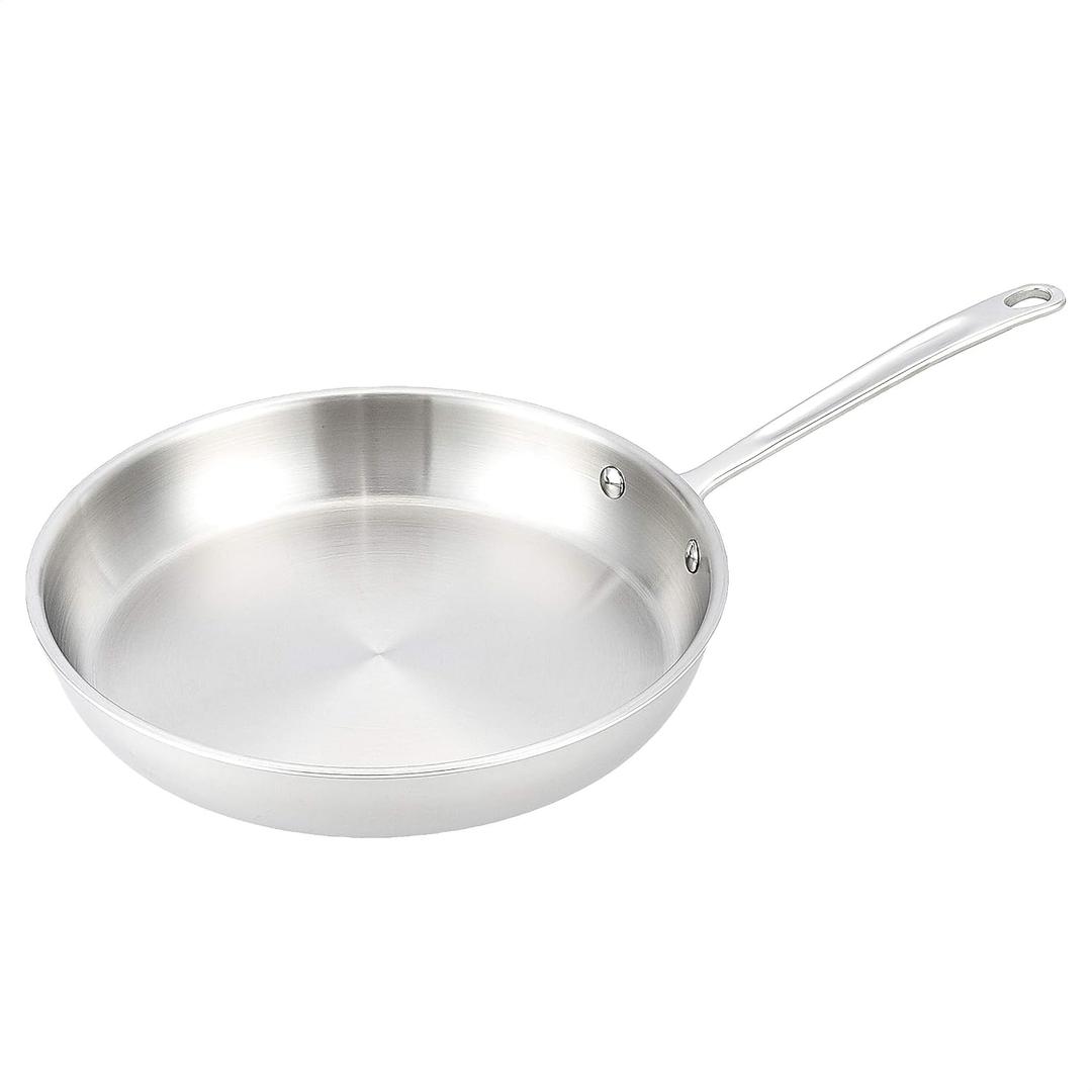 Amazon Basics Tri-Ply Stainless Steel Fry Pan, 12 inch, Silver, Evenly Distributes Heat, Sturdy Handle