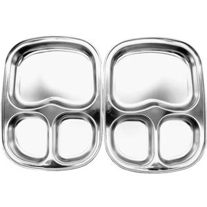 Korean Stainless Steel Divided Plates, Kids Toddlers Babies Tray, BPA Free, Diet Food Control, Camping Dishes, Compact Serving Platter, Dinner Snack, 3 Compartment Plate Silver, Set of 2