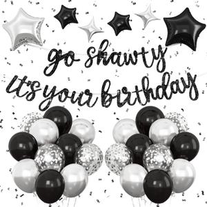 Black Go Shawty It's Your Birthday Banner Balloons Set, Glitter Happy Birthday Banner with Black Silver Confetti Balloon Star Foil Balloon for Man Women Hip Hop Rap Theme Birthday Party Decorations