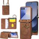 Asuwish Compatible with Samsung Galaxy Z Flip 7 5G Wallet Case and Crossbody Shoulder Strap Ring Buckle Stand Card Holder Magnetic Car Mount Phone Cover for ZFlip 7Z Z7 G Flip7 ZFlip7 Women Men Brown