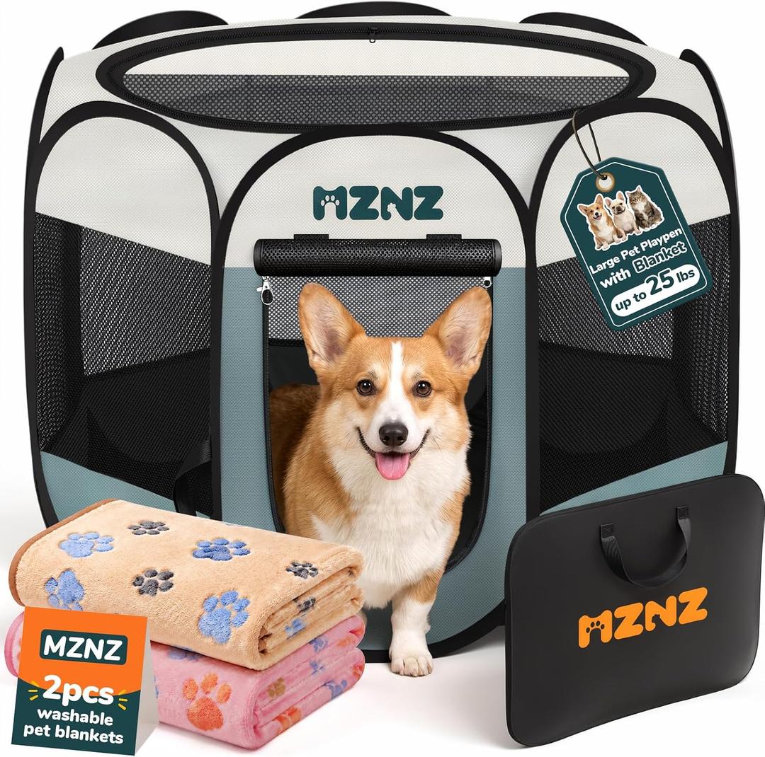 Dog Cat Small Animal Puppy Playpen Crate with 2 Blankets, Medium, Grey