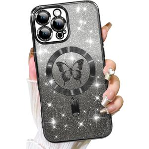 Fiyart Designed for iPhone 12 Pro Case,Compatible with MagSafe Butterflies Plating Camera Protection Phone Cover, Magnetic Glitter for Women Girls Shockproof Bumper 6.1"-Black
