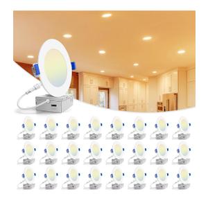 VOLISUN 24 Pack 4 inch Recessed Lighting, 5CCT LED Recessed Light with Junction Box, 2700K-5000K Selectable, 9.5W Eqv 80W, 810LM Dimmable Canless Wafer Downlight, LED Ceiling Light ETL Certificated