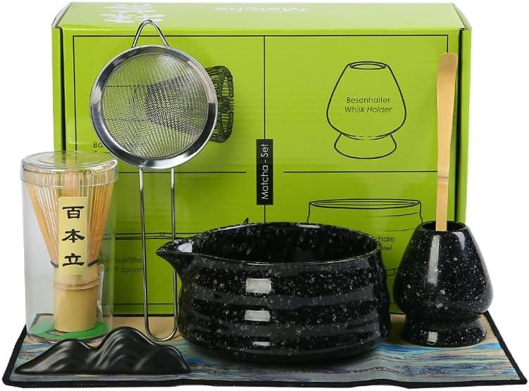 Matcha Set Matcha Whisk Matcha Bowl With Water Ladle Matcha Whisk Holder Tea Making Kit.Japanese Tea Set(7pcs)+1SpoonCeladon Blue gift set (Black spots)