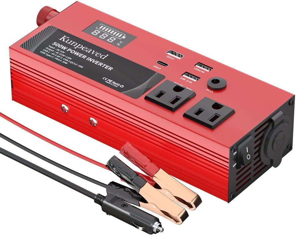 500W Power Inverter DC 12V to 110V Car Charger Converter with Dual USB Ports and 2 AC Outlets for Air Compressor Laptops, Road Trip Accessories (Red)