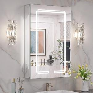 Keonjinn 20 x 32 Inch LED Medicine Cabinet Mirror, Bathroom Medicine Cabinet with Lights, Tempered Glass, UL-Listed, Adjustable Shelves, No Outlets, 3 Color Lights, Dimmable, Wall Mount Only