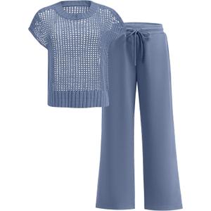 ANRABESS Women Two Piece Outfits Crochet Sheer Knit Sweater Top Wide Leg Pants Lounge Matching Sets Sweat suit Travel Clothes (Medium, Deep Blue)