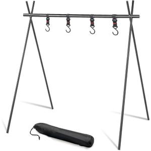 Foldable Tripod Camping Hanging Rack - 4 Hooks Outdoor Cookware Storage Portable, Outdoor Camping Folding Rack (Large)