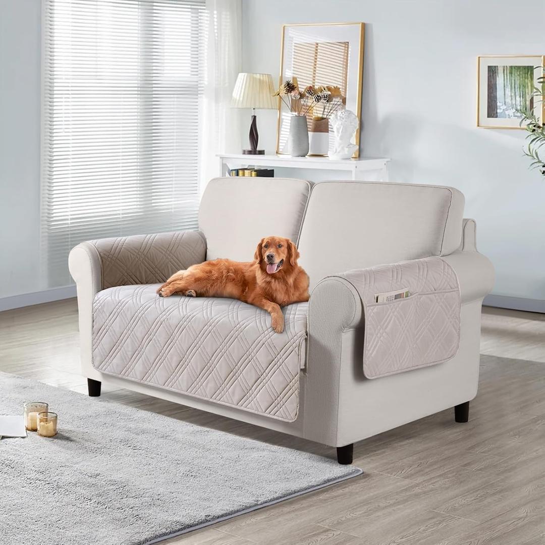 TAOCOCO Waterproof Loveseat Covers for Pets Dogs with Non Slip Backing, Sofa Seat Covers with Side Pocket for 2 Cushion Couch Washable Dog Couch Cover Protector Sofa Slipcovers(Loveseat, Cream)