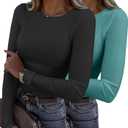 Zeagoo Womens Ribbed Fitted Crop Tops Long Sleeve T Shirts Basic Scoop Neck Casual Slim Fitted Y2k Clothes 2025 (XX-Large, Black,haze Blue)