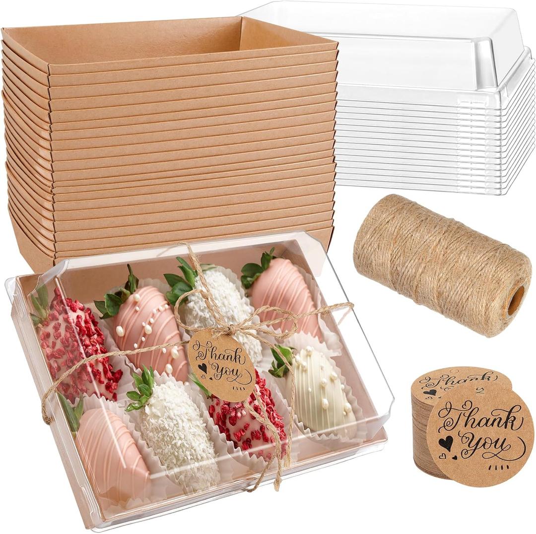 MADLYN RHUE 30 Pack Charcuterie Boxes with Clear Lids, 7 x5 Inches Dessert Boxes, To Go Boxes Disposable Food Containers for Cake, Cookie, Sandwiches, Strawberries (Brown)