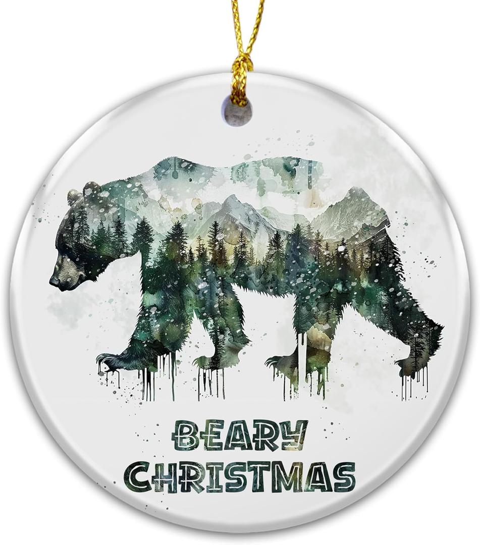 3 x Bear Ornament 2025, Rustic Bear Forest Scene Ornament, Wildlife Mountain Decoration, Christmas Ornament for Outdoorsy Families, Hunters, Cabin, Lodge, Nature Lovers, Bear
