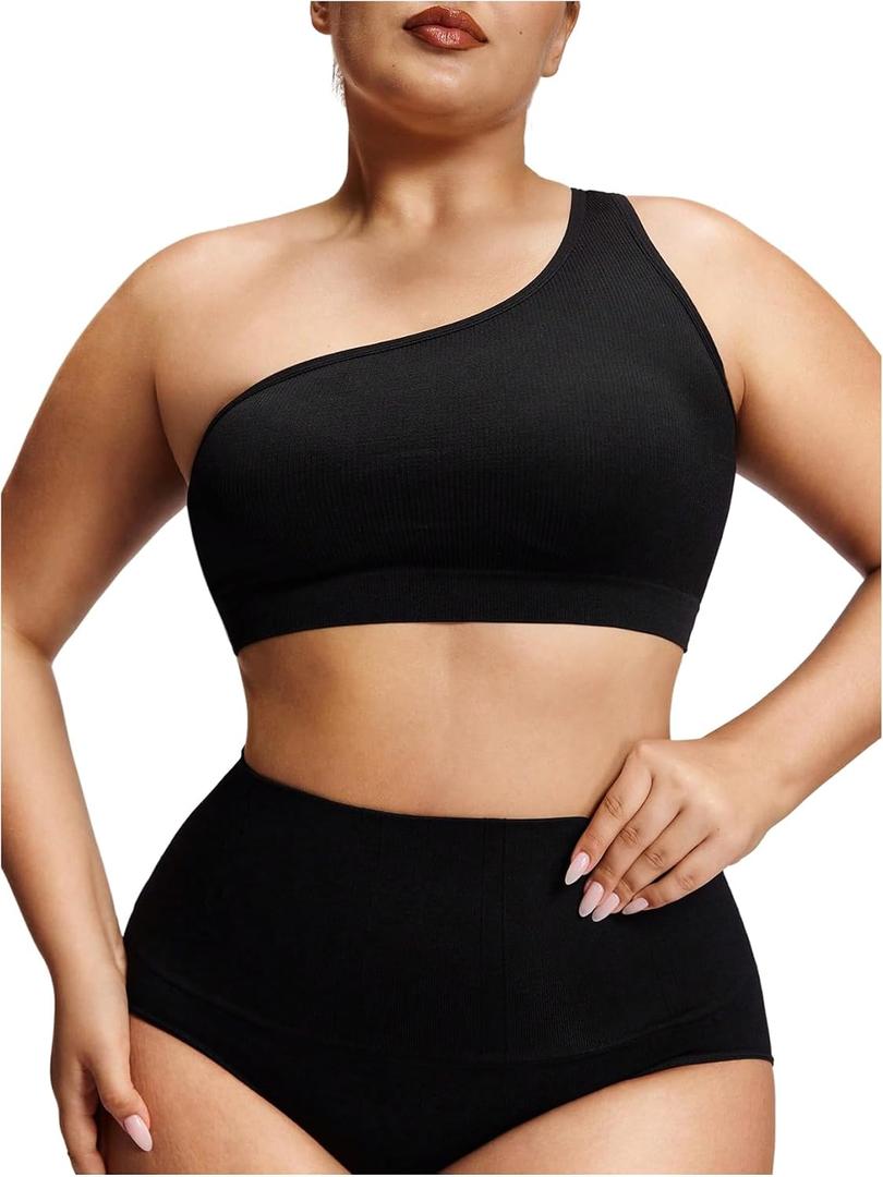 SOLY HUX Women's Plus Size Bra One Shoulder Wireless Bras Knit Comfort Bralette Camisole (Black, 4XL)