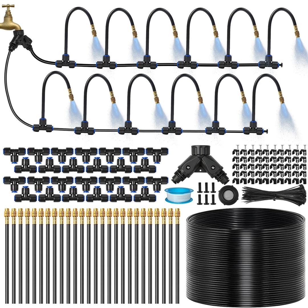 120Ft 1/4" Drip Irrigation System for Garden 26 Adjustable Copper Nozzles, Automatic Atomizing Sprinkler System for Outdoor Plants Raised Bed, Yard, Potted Plants & Lawn