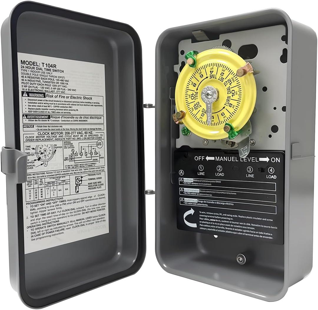 T104R Mechanical Timer Switch, 208277 VAC 40 Amp,Pool Pump Switch, 24 Hour 12 ON/Off for Pump, Heavy Duty Pool Timers Outdoor, Timer for Pump Lights HVAC Systems