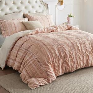 Bedsure Waffle King Size Comforter Set - Pink Soft Cotton Bedding Set for All Seasons, Stripe Fluffy Bed Set 3 Pieces with 1 Waffle Weave Comforter King Size and 2 Pillow Shams