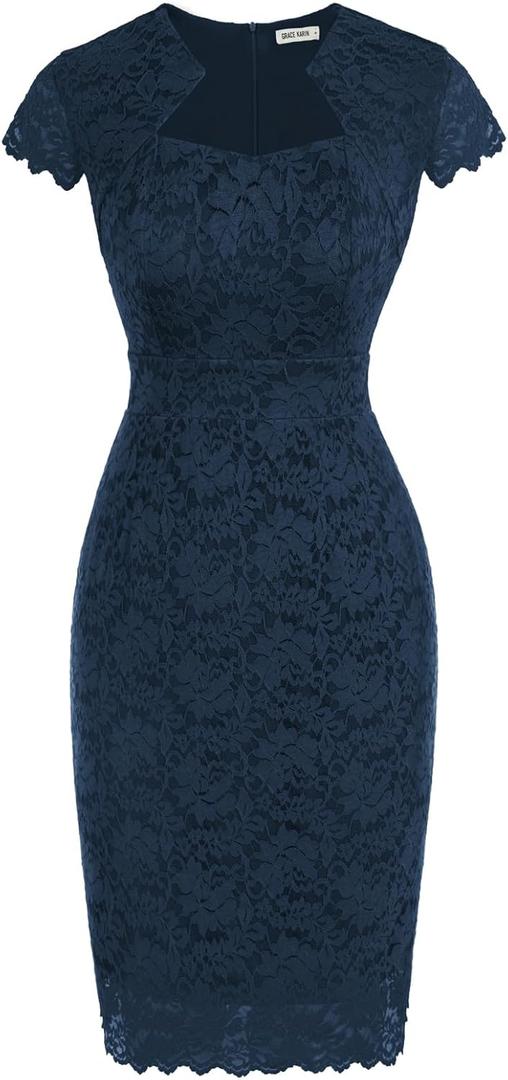 GRACE KARIN Cocktail Dress for Women Cap Sleeve Lace Dress for Wedding Guest Business Casual Dresses (X-Large, Navy Blue)