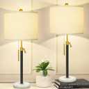 Black and Gold Table Lamps Set of 2: 22" to 30" Height Adjustable Nightstand Lamps with White Linen Shade | Pull Chain Switch | Marble Base - 3 Way Dimmable Beside Lamp for Bedrooms Living Room