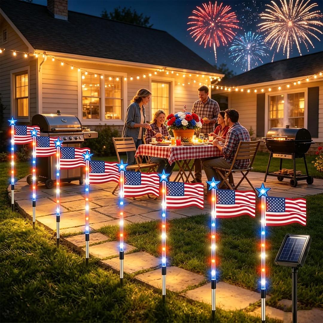 Solar American Flag Lights Outdoor, 8 Piece Solar Flag Light Set with 8 Modes 4th of July Decorations Outdoor, Red White and Blue Solar Pathway Lights for Patriotic 250th Anniversary Garden Decor