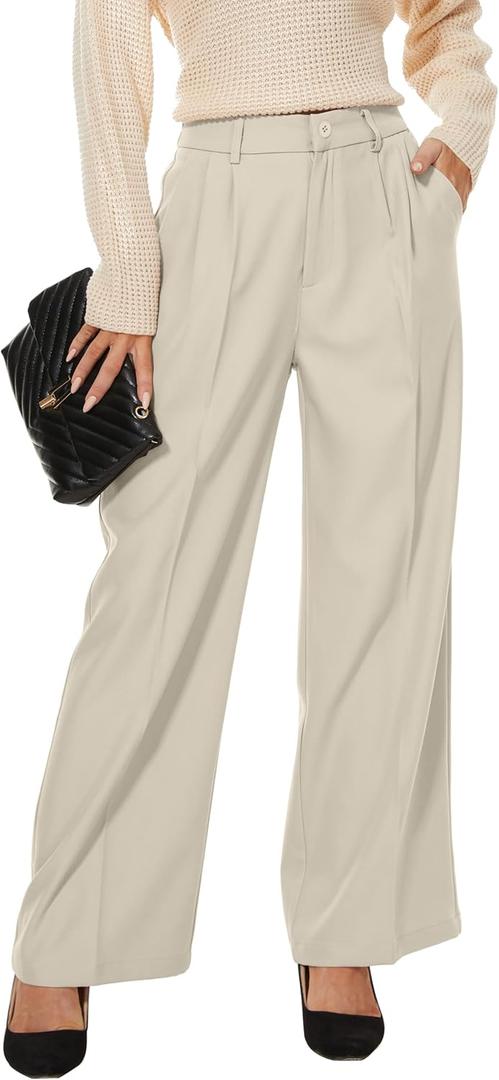 Women Office Wide High Waist Pants Loose Fit Elastic Waist Pleated Front Trousers for Work Casual (XS)