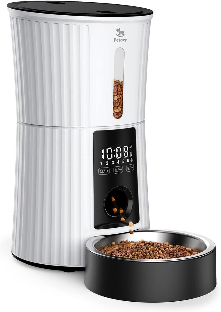 Petory Timed Automatic Cat Feeders - 4L Programable Dry Food Dispenser for Cats and Small Medium Dogs 6 Meals with Desiccant Bag Dual Power Supply 10S Voice Recorder (White)