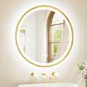 TETOTE Gold Round Led Mirror with Lights 24 Inch Metal Framed Round Circle Lighted Bathroom Vanity Mirror Wall Mounted, Front and Backlit 3 Color Stepless Dimmable Anti Fog, Shatterproof, CRI 90+